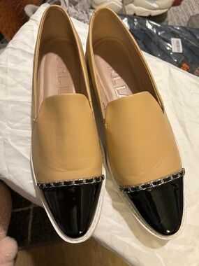 Karl Lagerfeld Tan and Black Cap-Toe Slip-On Loafers with Chain Accent